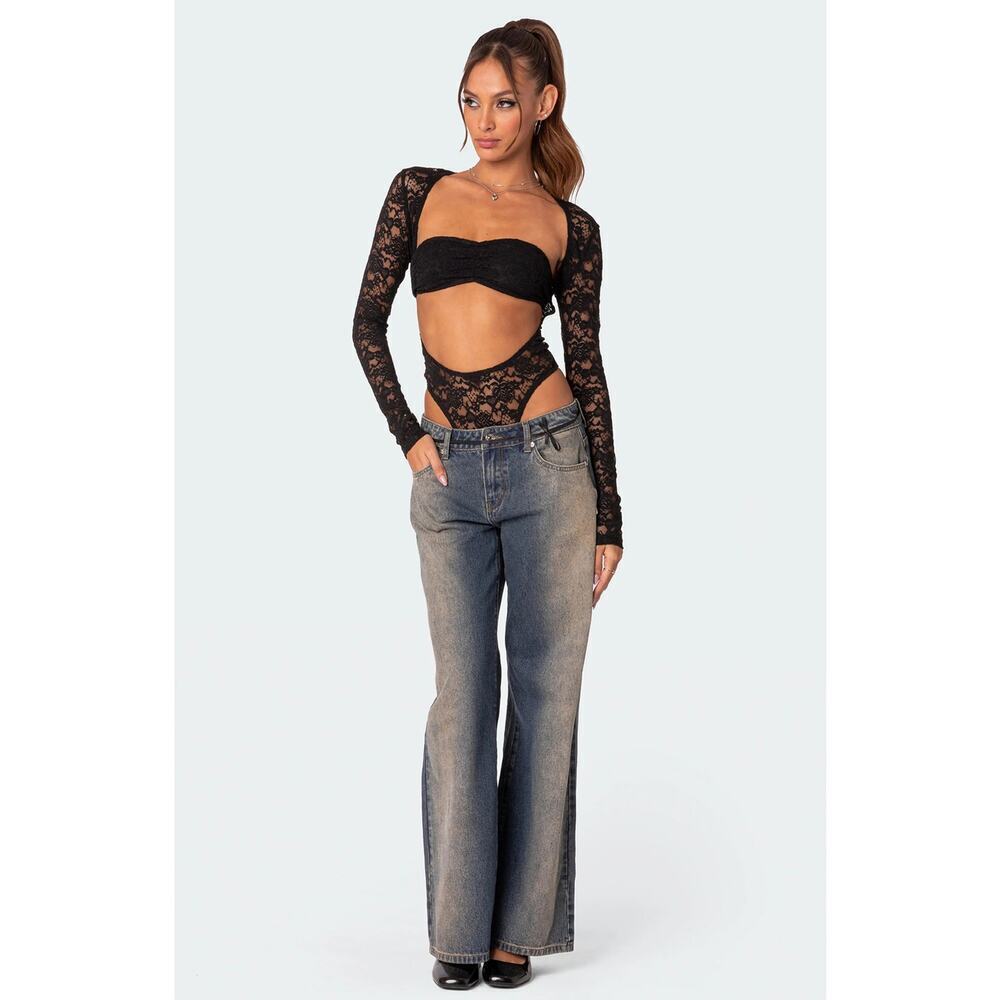 Edikted Women's Black Zoey Lace Sheer One-Piece Bandeau Bodysuit Size XS